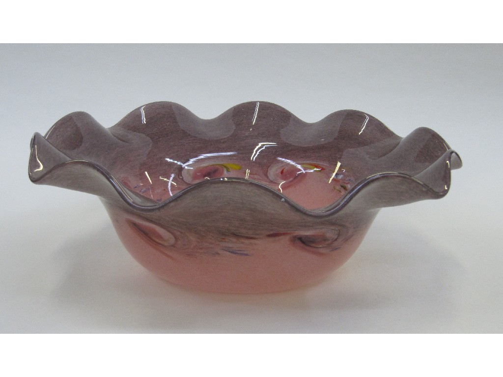 Appraisal: Strathearn glass bowl in pink with frilled rim