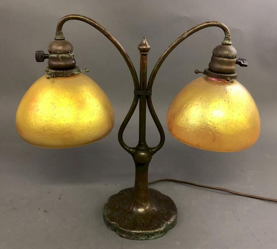 Appraisal: Tiffany Style Lamp with Favrile Glass Shades Tiffany style twin