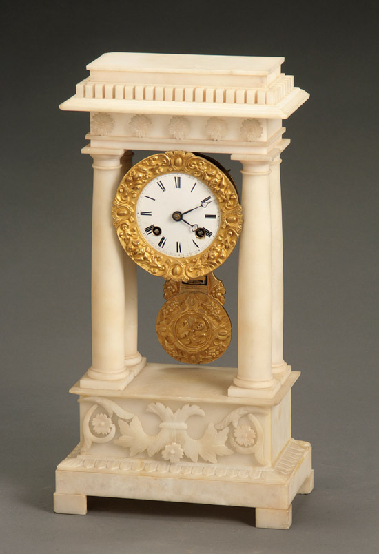 Appraisal: French Alabaster Portico Clock Vincenti Cie Second Half th Century