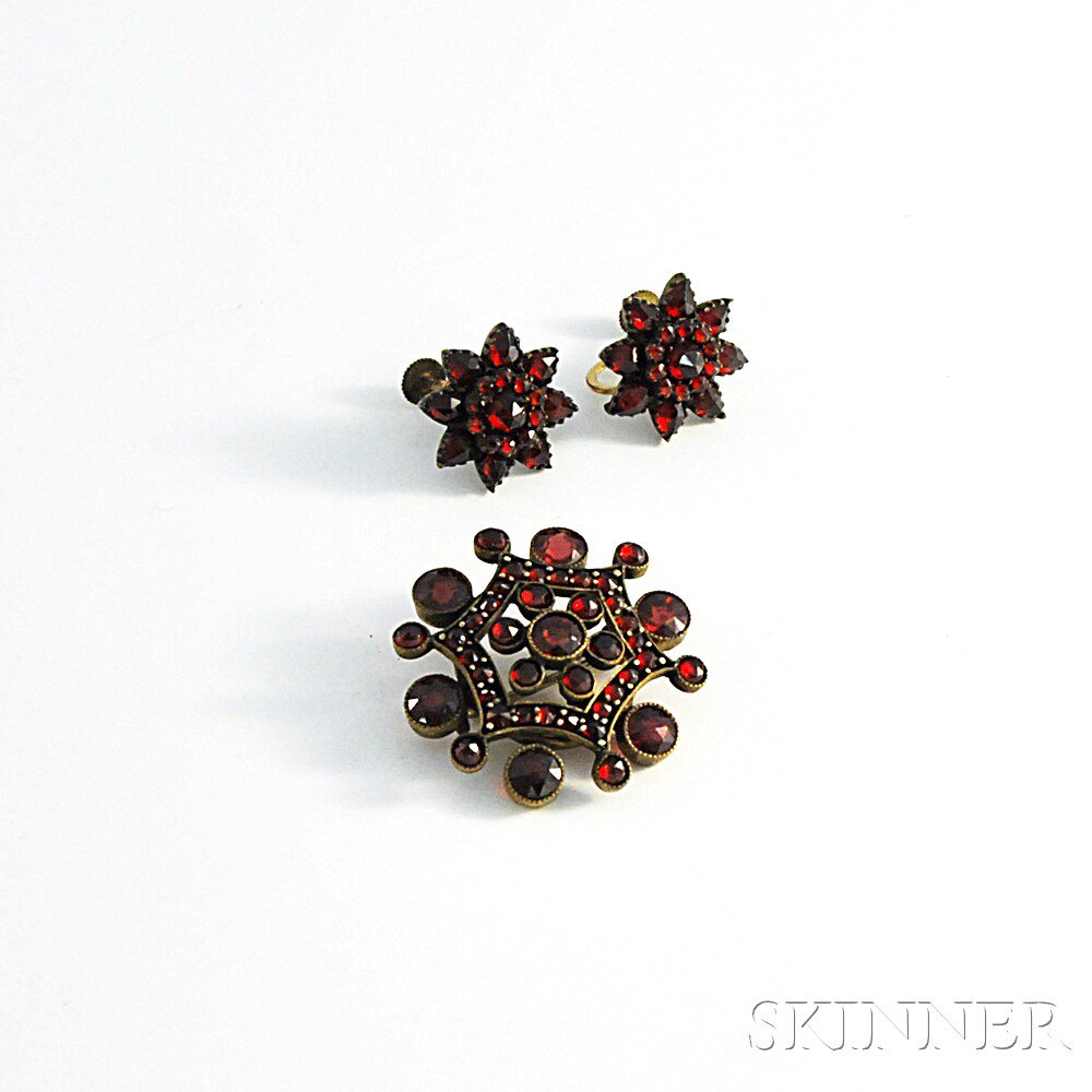 Appraisal: Garnet Brooch and Earrings with gilt-metal mounts Estimate - The