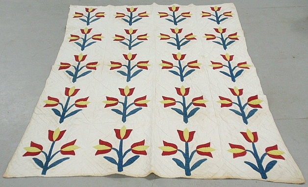 Appraisal: - Appliqu quilt with colorful red and yellow tulip pattern