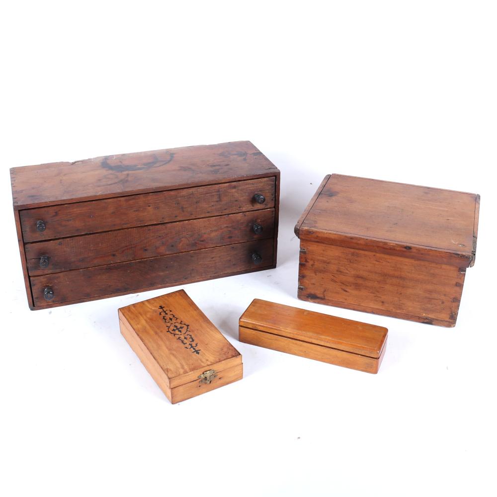 Appraisal: FOUR VINTAGE WOOD BOXES INCLUDING AN ANTIQUE PRIMITIVE THREE DRAWER