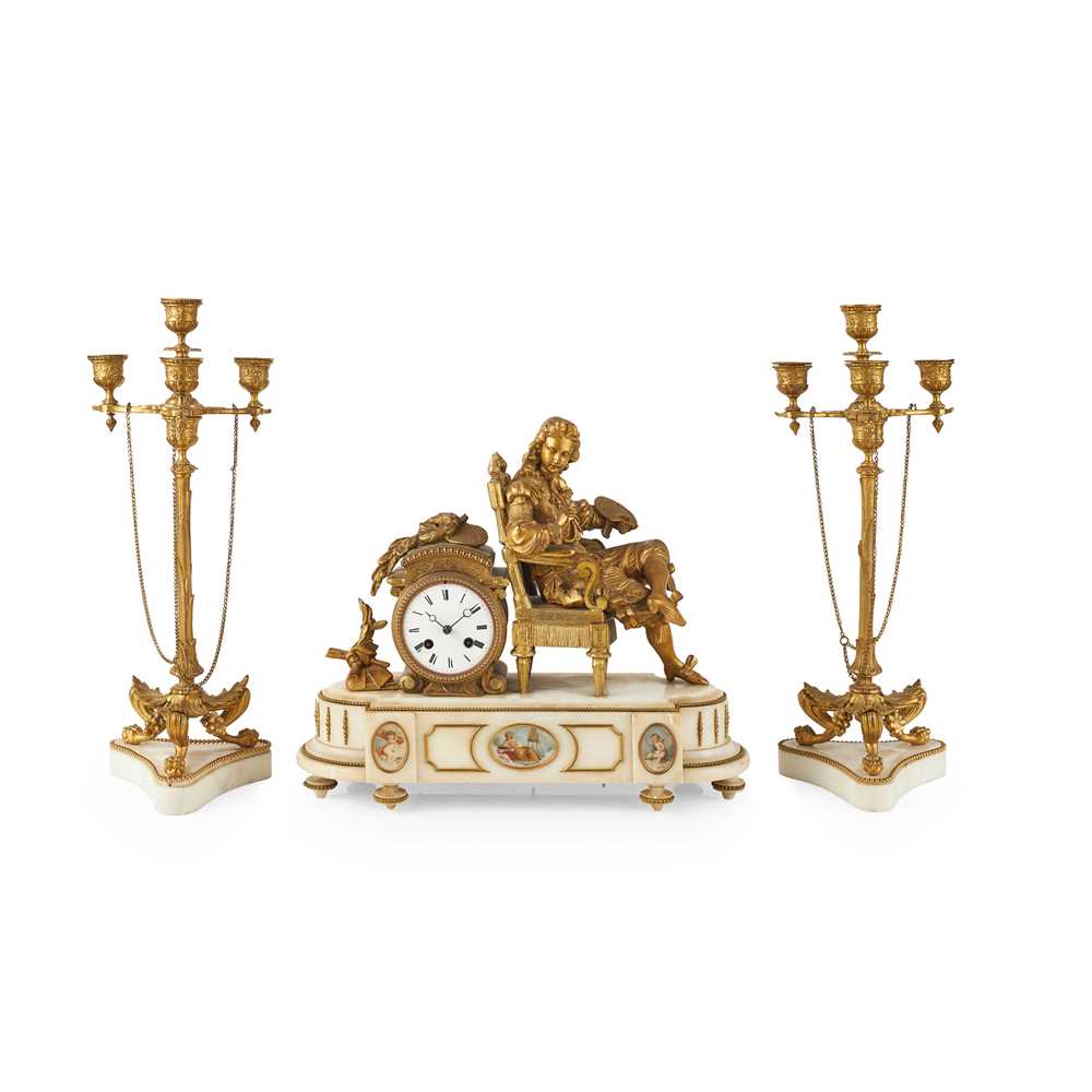 Appraisal: FRENCH GILT METAL AND MARBLE ASSEMBLED THREE-PIECE FIGURAL CLOCK GARNITURE