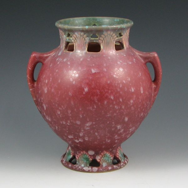 Appraisal: Red Roseville Ferella - handled vase Original retailer's label from