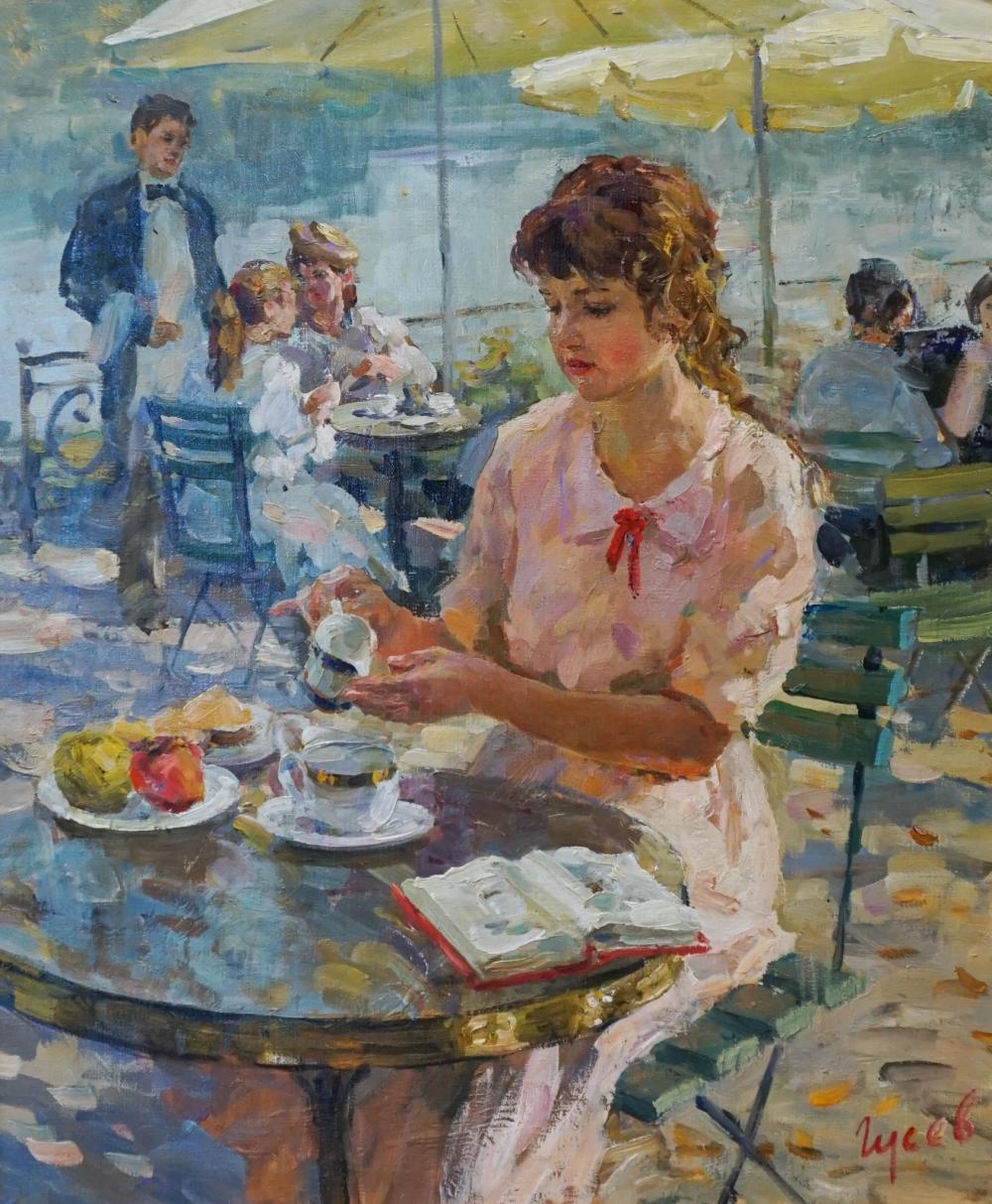 Appraisal: Vladimir Goussev Russian b Young Woman at the Cafe Oil