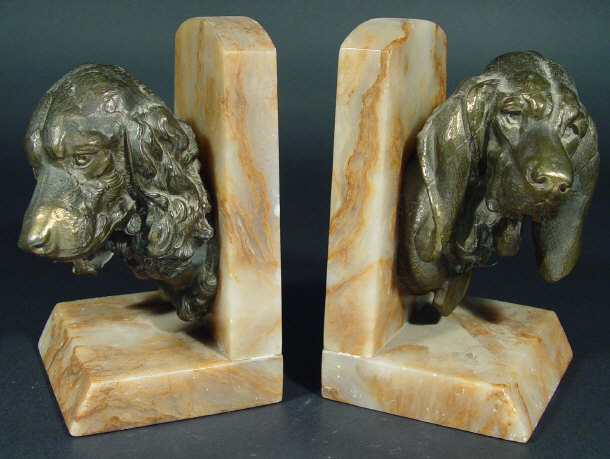 Appraisal: Pair of French spelter spaniels head bookends mounted on marble