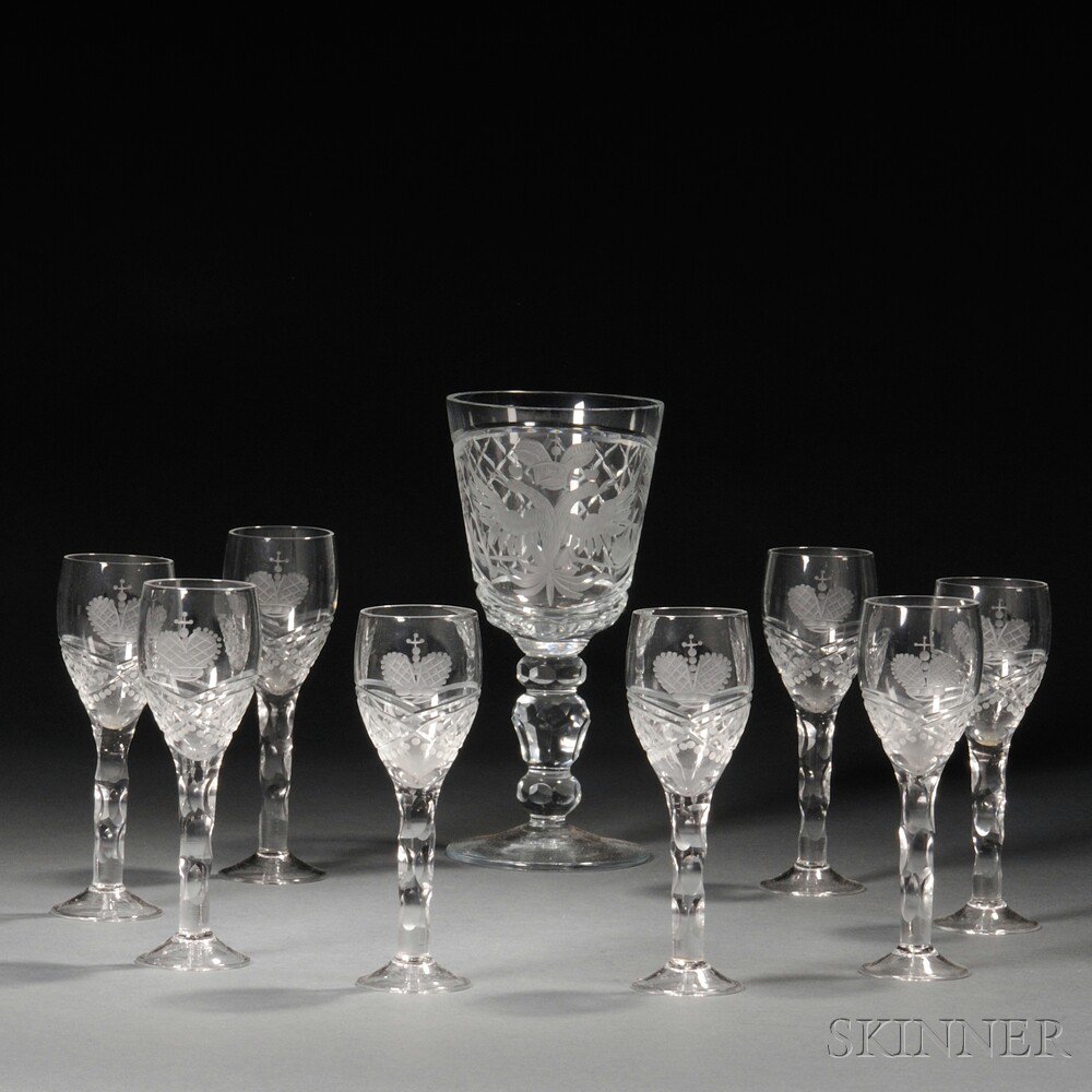 Appraisal: Nine Pieces of Russian Cut and Etched Glass Stemware th