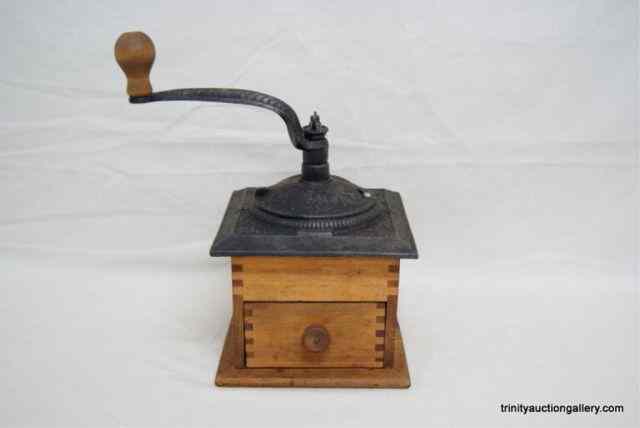 Appraisal: Vintage Coffee GrinderWith cast iron grinder top and dovetailed wooden