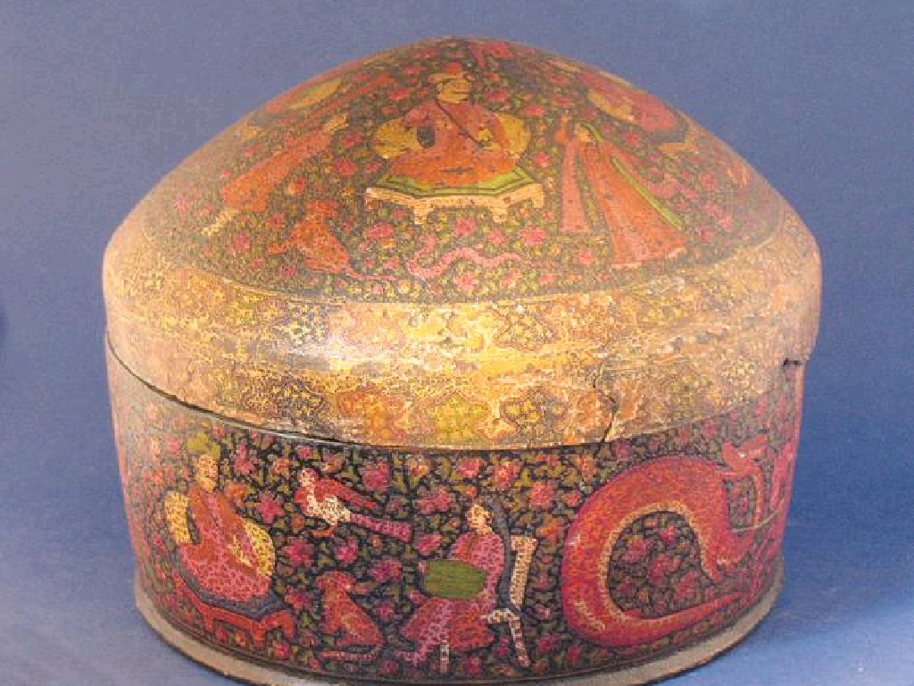 Appraisal: A KASHMIRI LACQUER BOX of cylindrical form with a domed