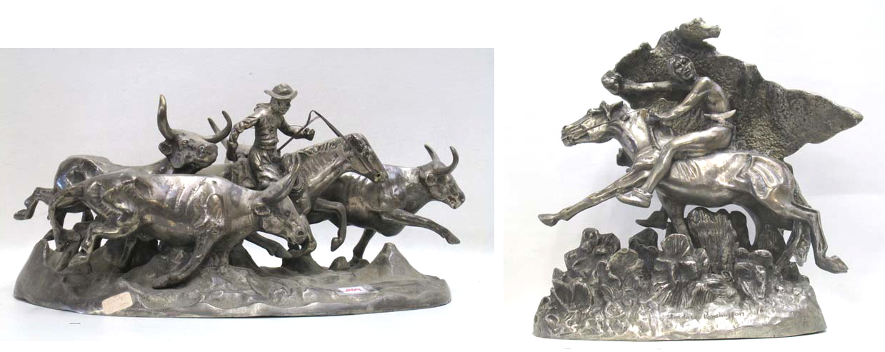 Appraisal: TWO WHITE BRONZE HORSE AND RIDER SCULPTURES After Frederic Remington