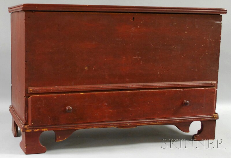 Appraisal: Small Red-painted Pine Blanket Chest with Long Drawer applied moldings