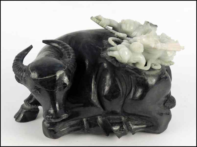 Appraisal: CARVED JADE WATER BUFFALO WITH SHEPHERD BOYS H '' W