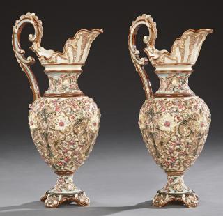 Appraisal: Pair of Large French Majolica Ewers c with gilt and