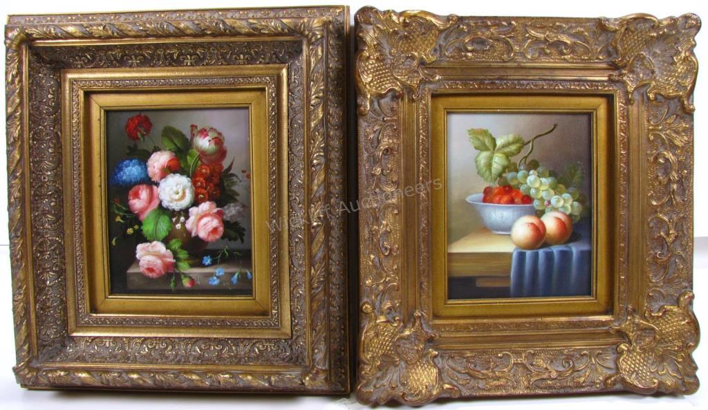 Appraisal: Two decorator oil paintings fruit still life and floral still