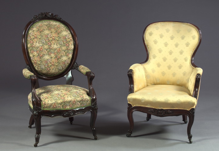 Appraisal: Early Rococo Revival Rosewood Parlor Armchair ca the back of