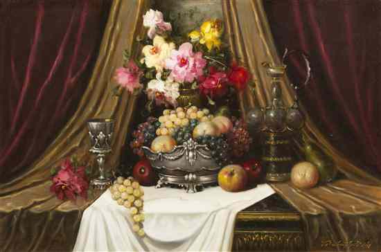 Appraisal: Bela Balogh Hungarian b Still Life with Fruit and Flowers