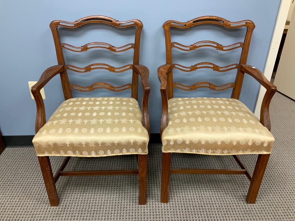 Appraisal: Pair of Chippendale Style Mahogany and Upholstered Ladder Back Arm