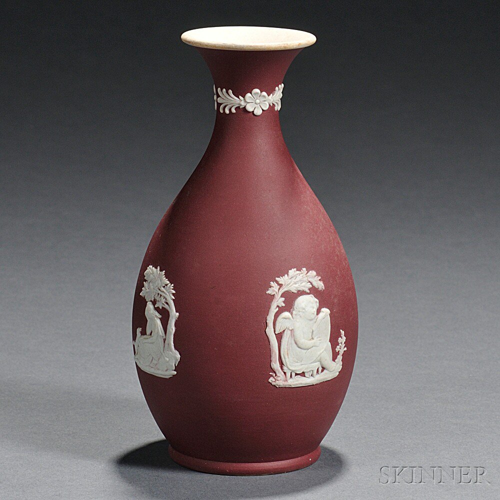 Appraisal: Wedgwood Crimson Jasper Dip Bud Vase England c applied white