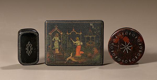 Appraisal: SNUFF BOXES LACQUERWARE AND PIQUE WORK Continental th century A