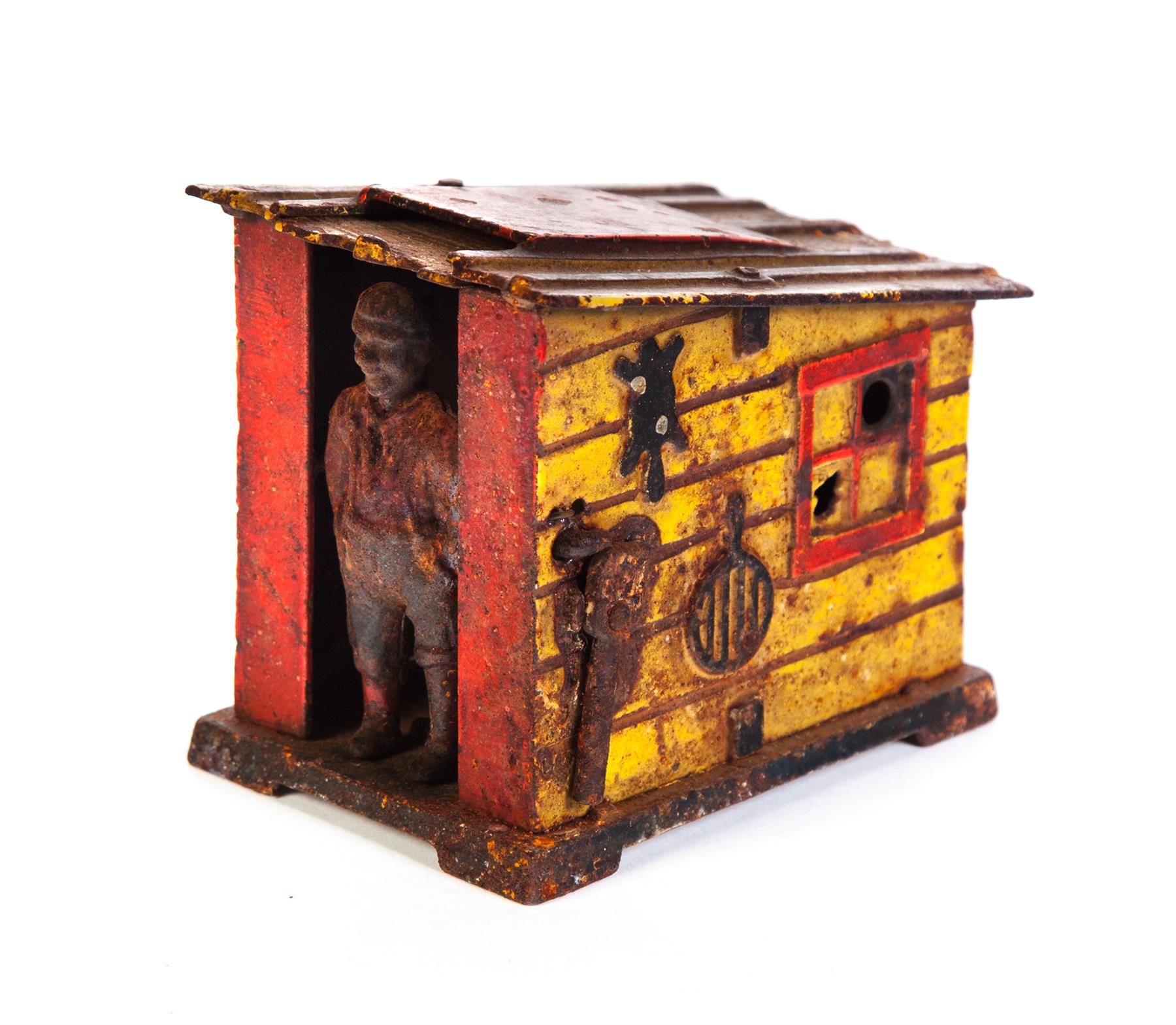 Appraisal: CABIN MECHANICAL BANK American ca Cast iron with yellow and