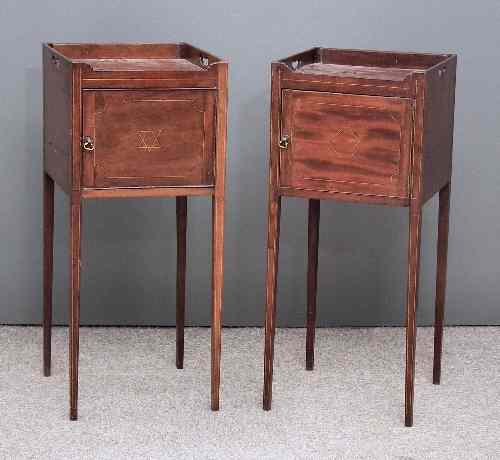 Appraisal: Two late Georgian mahogany square tray top bedside tables later