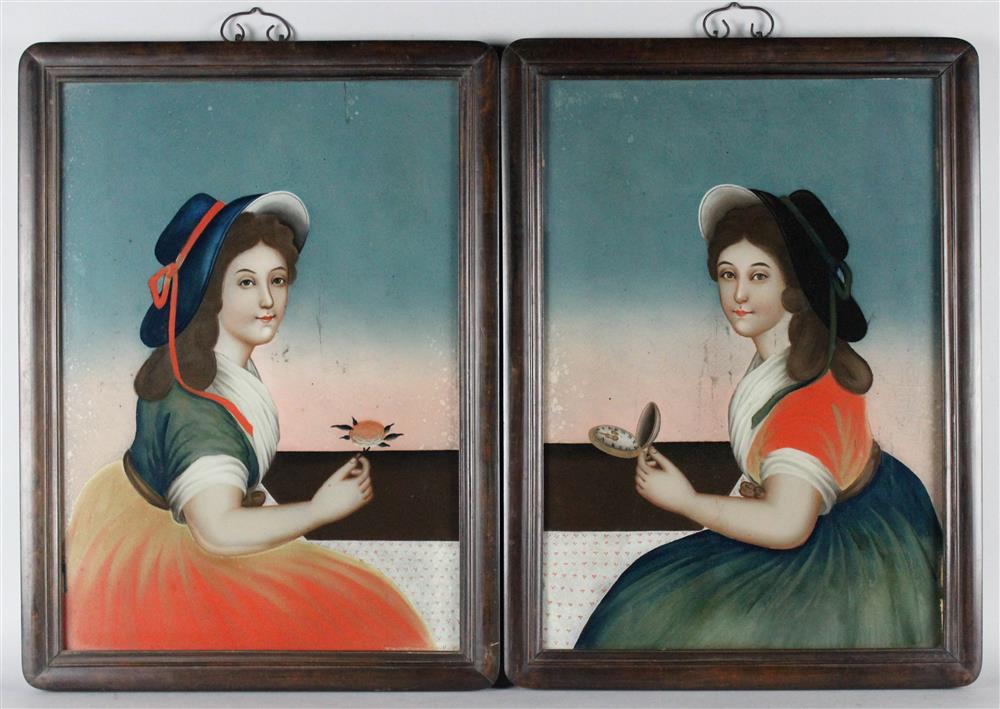 Appraisal: PAIR OF CHINESE EXPORT REVERSE PAINTINGS ON GLASS CIRCA each