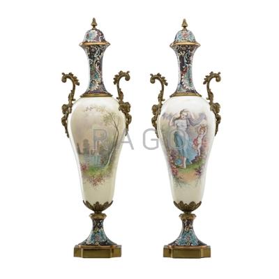 Appraisal: PAIR OF FRENCH PORCELAIN LIDDED URNS Bronze mounted with hand-painted