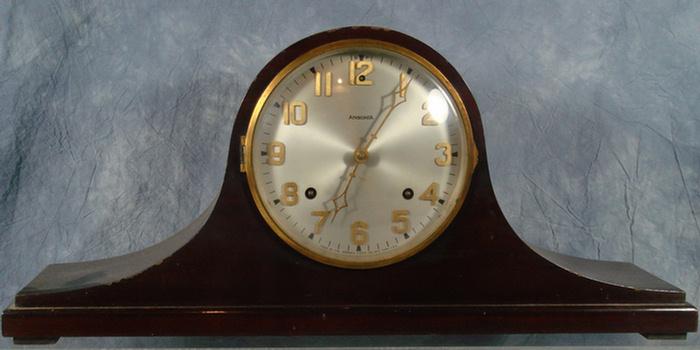 Appraisal: Ansonia mahogany tambour clock runs bim bam strike pendulum l