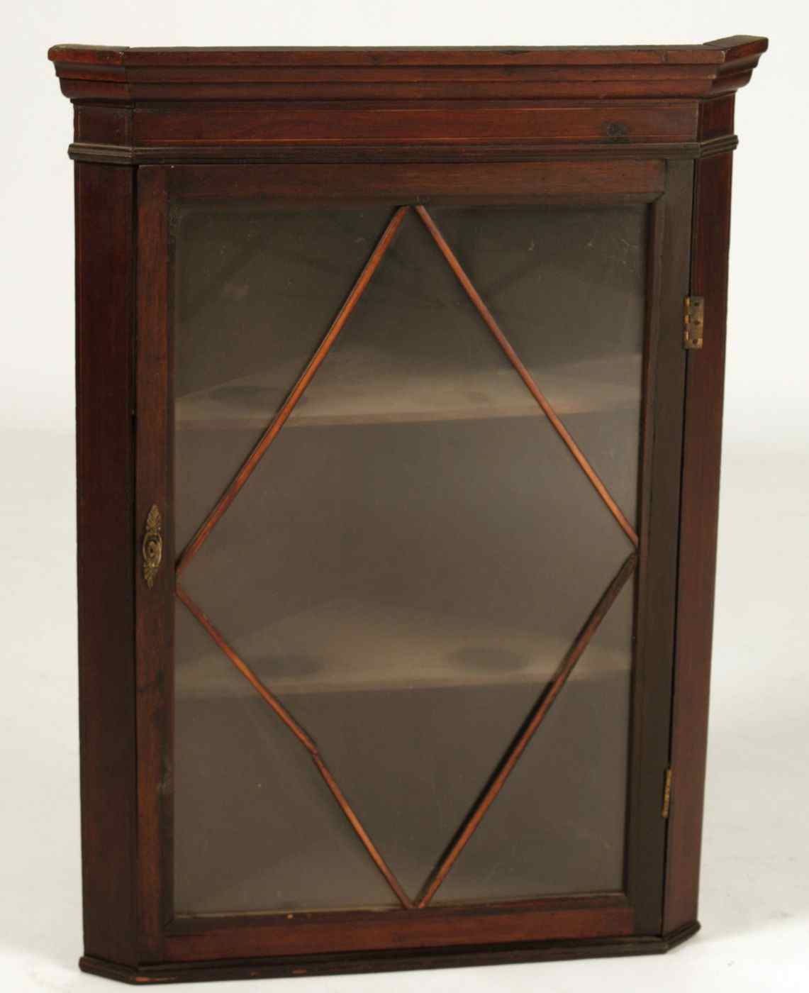 Appraisal: ANTIQUE HANGING CORNER CABINETEnglish th CenturyIn mahogany with some line