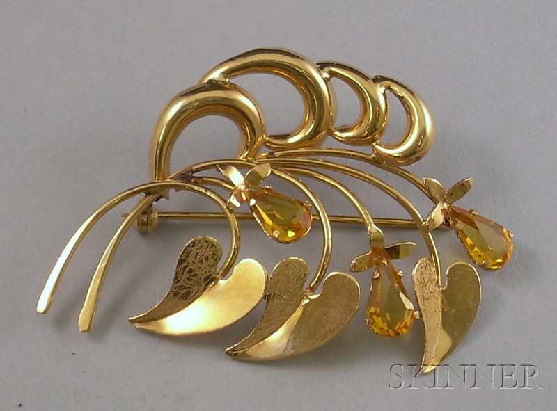 Appraisal: kt Gold and Citrine Botanical Spray Brooch lg in