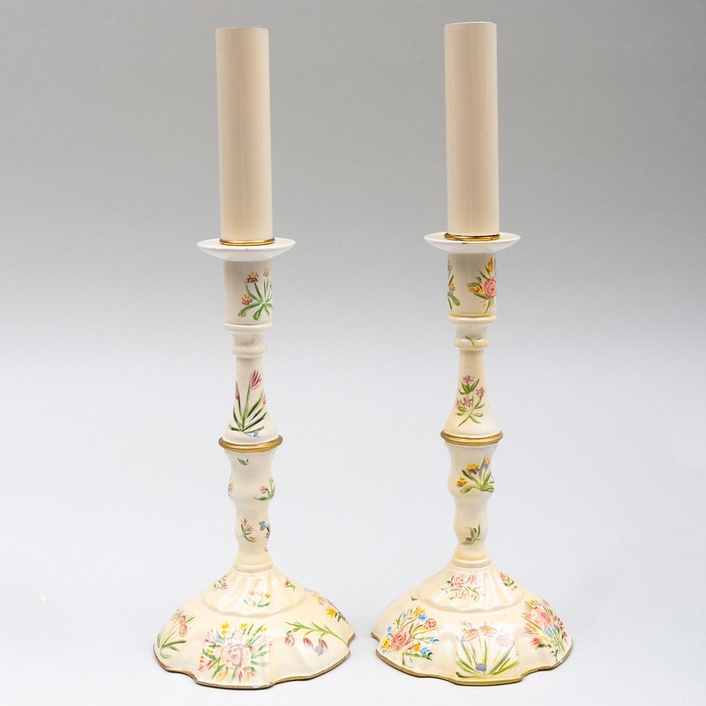 Appraisal: Pair of Staffordshire Enamel Candlestick Lamps x in diam The