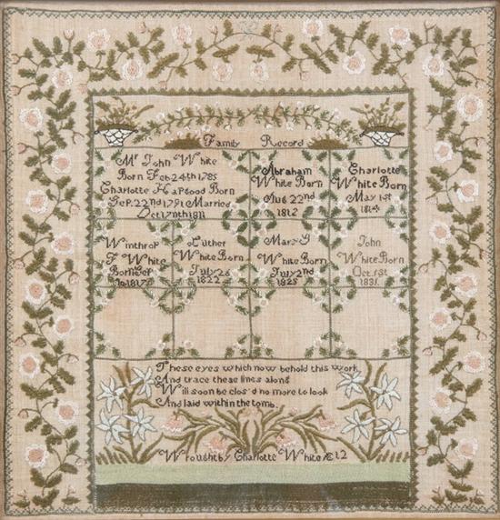 Appraisal: MASSACHUSETTS SCHOOLGIRL NEEDLEWORK FAMILY RECORD Circa worked by Charlotte White