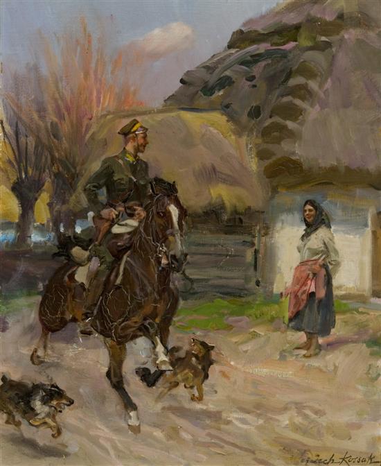 Appraisal: Kossak Wojciech Poland - A soldier riding horseback beside dogs