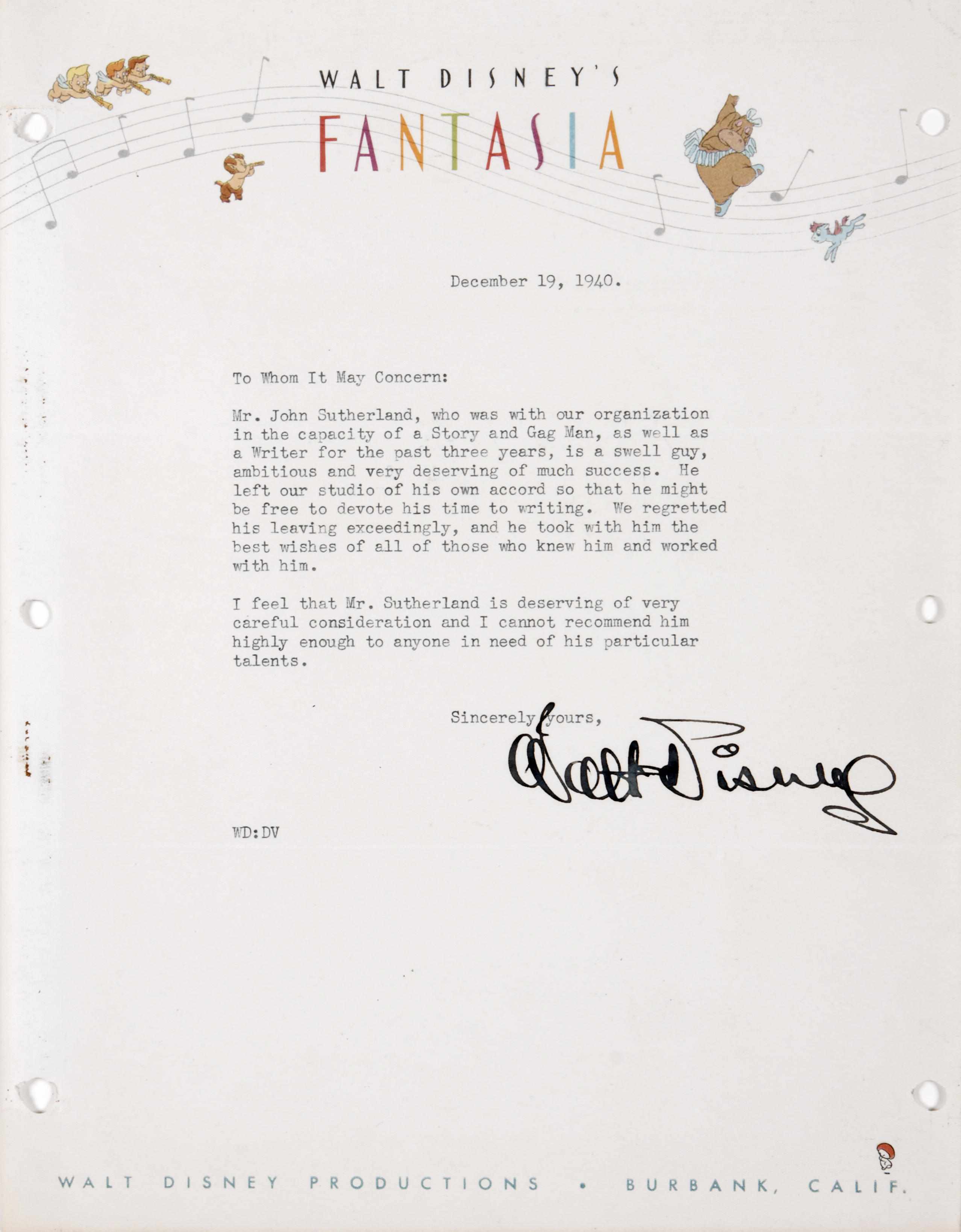 Appraisal: DISNEY WALTER ELIAS Typed Letter Signed ''Walt Disney'' p to