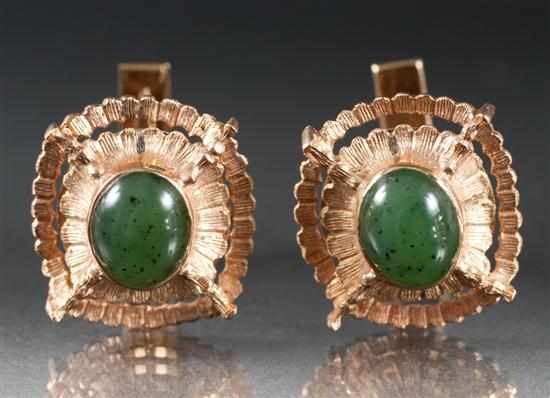 Appraisal: Pair of gentleman's Chinese style unmarked yellow gold and jade