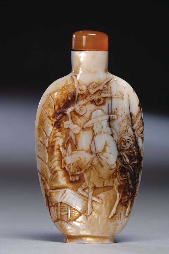 Appraisal: MOTHER-OF-PEARL SNUFF BOTTLE Well hollowed carved mother-of-pearl snuff bottle of