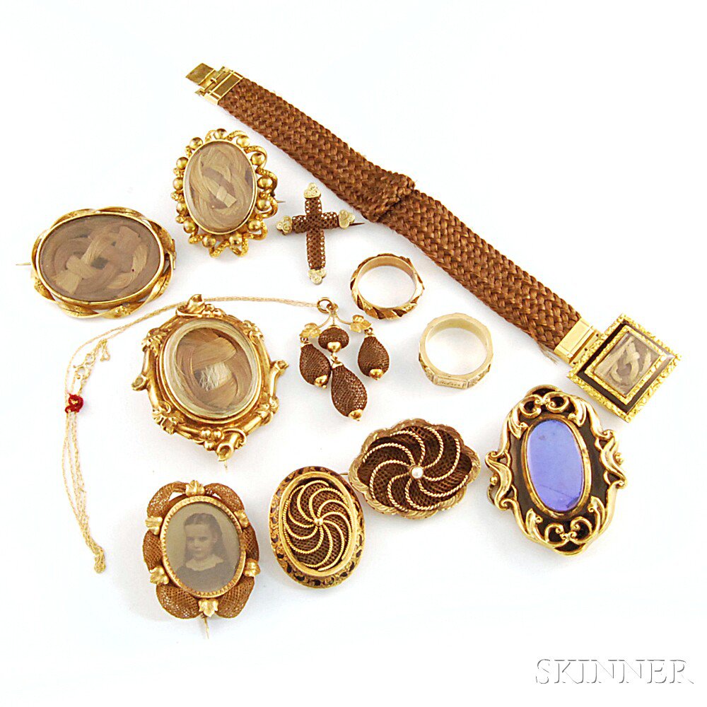 Appraisal: Group of Victorian Memorial Jewelry including hairwork lockets a bracelet