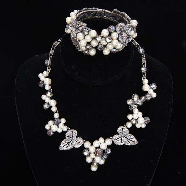 Appraisal: Schiaparelli pc Necklace Bracelet with rhinestone leaves pearls necklace bracelet