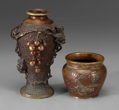 Appraisal: Two Japanese bronze pieces jar with applied and inlaid mixed