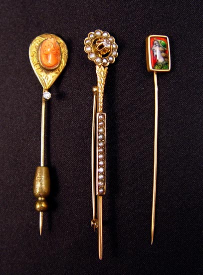 Appraisal: ESTATE LOT OF VINTAGE STICK PINS AND BROOCH K yellow