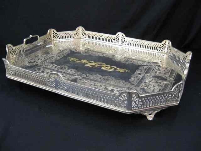 Appraisal: Silverplate Gallery Tray ornate engraving reticulated sides footed '' x