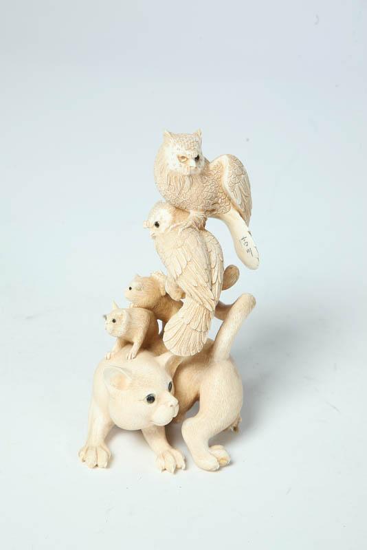 Appraisal: IVORY CARVING Asian th century Cats and owls with painted