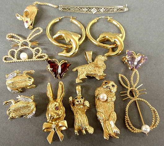 Appraisal: - Group of k gold pins earrings charms etc some