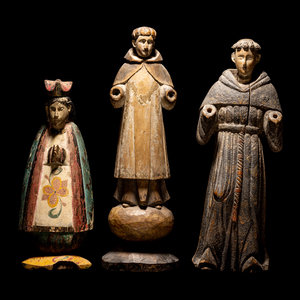 Appraisal: Three Spanish Colonial Carved Wood Santos Figures Height of tallest