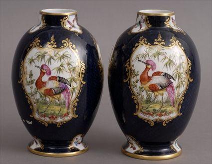 Appraisal: PAIR OF WORCESTER-TYPE PORCELAIN JARS Each ovoid bowl with bird