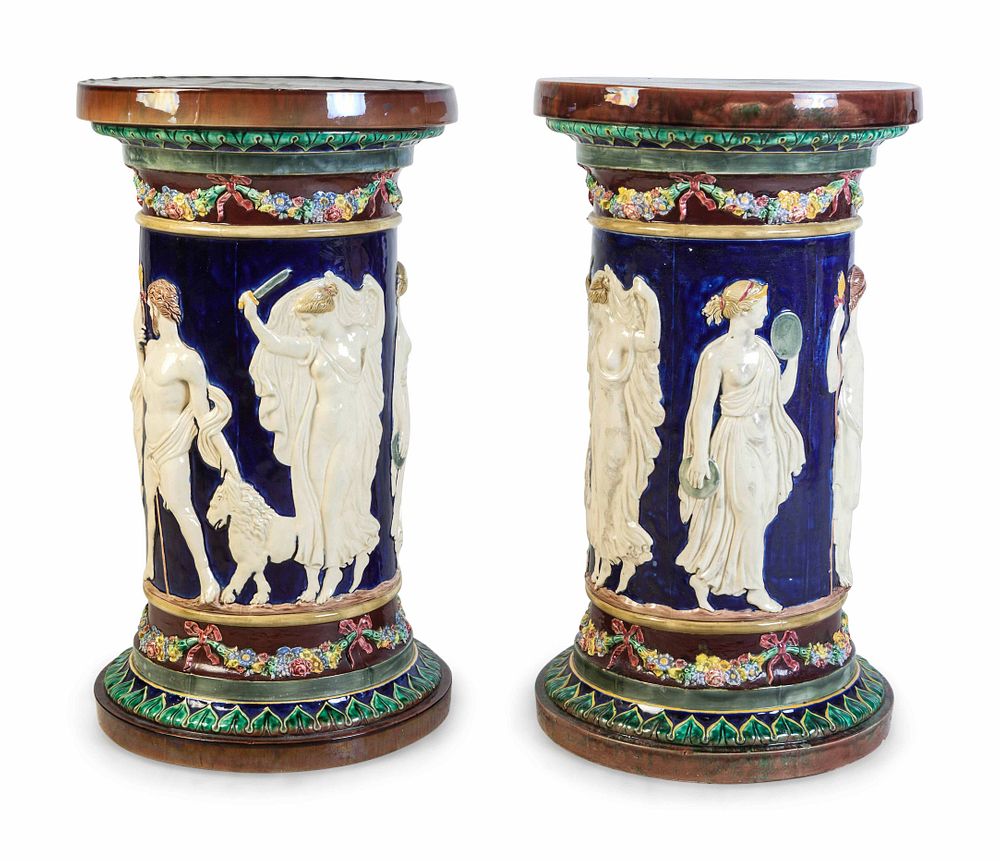 Appraisal: A Pair of Majolica Pedestals A Pair of Majolica Pedestals