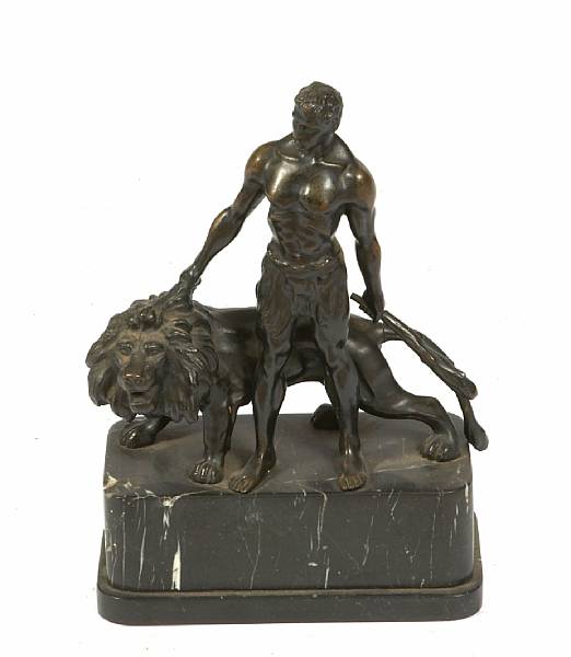 Appraisal: A patinated bronze figure of a warrior with a lion