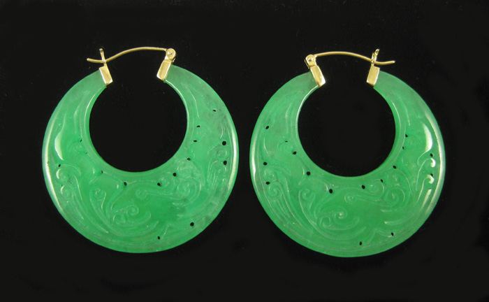 Appraisal: PAIR OF JADE AND FOURTEEN KARAT GOLD EARRINGS each earring