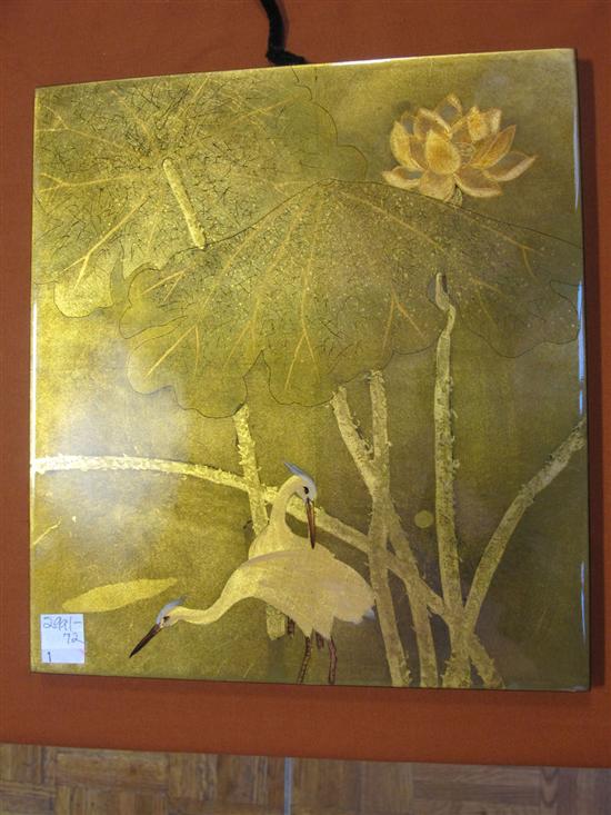 Appraisal: ORIENTAL GILT LACQUERED PLAQUE Cranes and waterlillies x