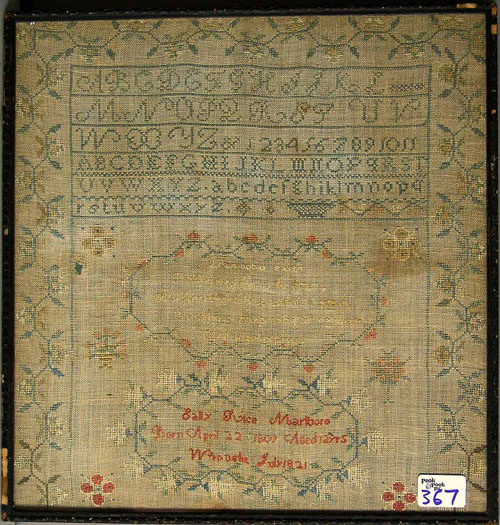 Appraisal: Silk on linen sampler dated wrought by Sally Rice Marlboro